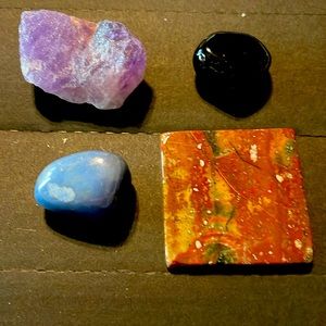 Amethyst, black obsidian, blue quartz and fancy agate crystal bundle